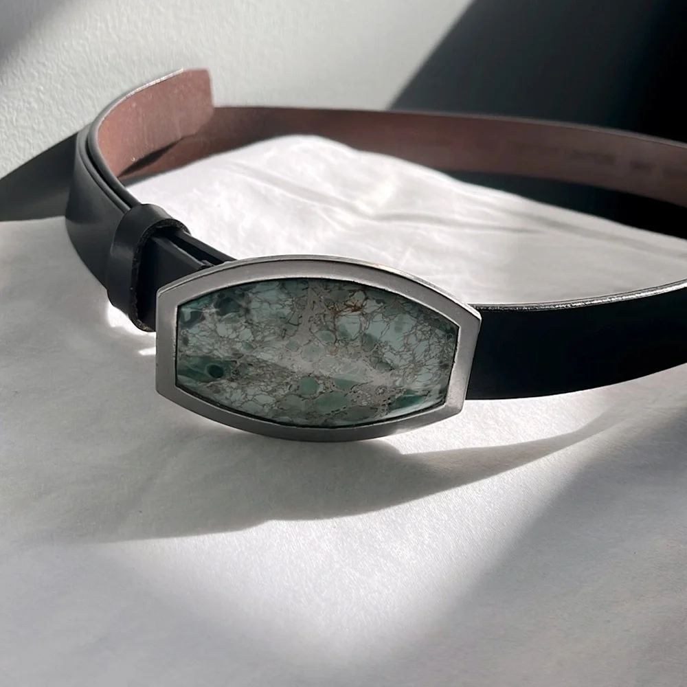 Coldwater Creek brown leather belt with silver turquoise buckle